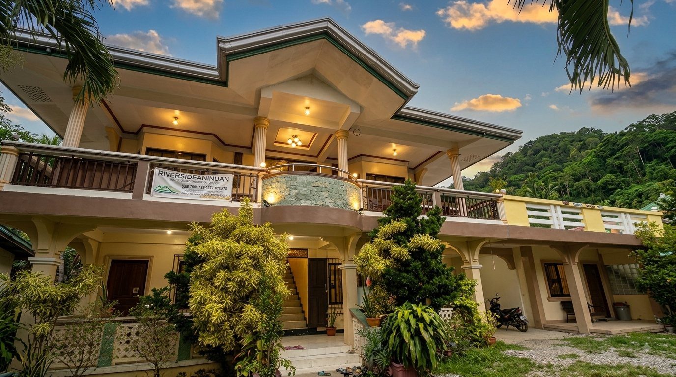 Riverside at Aninuan at dusk — the guesthouse, its terraces and garden against the Mindoro hillside